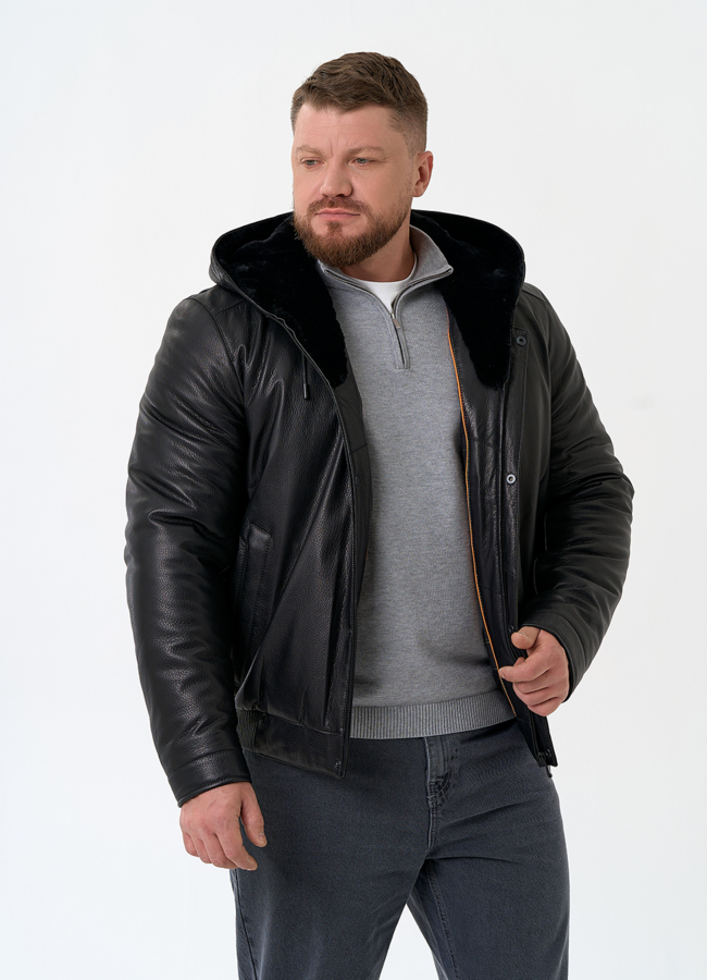 Мужской пуховик из натуральной кожи с капюшоном модель № 32051 универмаг малина