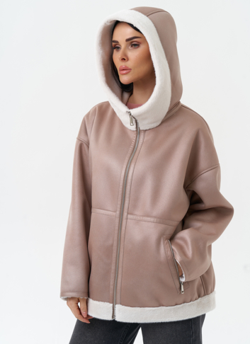 Женская дубленка из эко замши с капюшоном