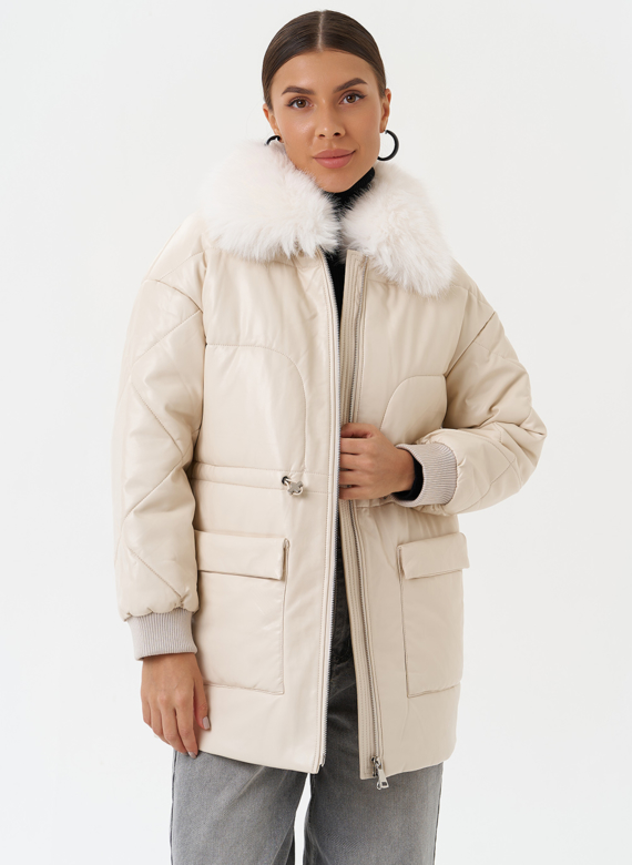 Пуховик из эко кожи с мехом песца