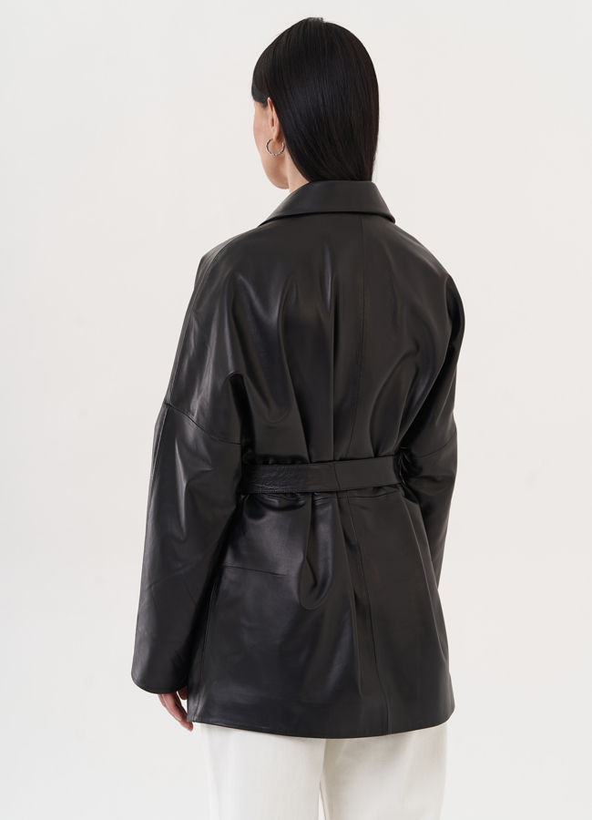 Кожаная куртка-пиджак с поясом модель № 26952 в кредит