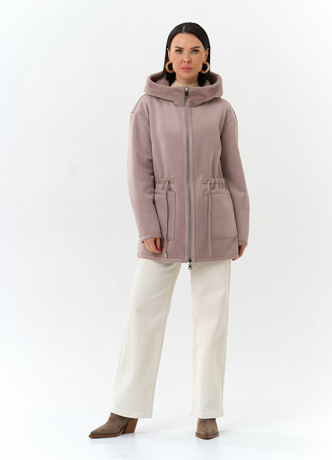 Двухсторонняя дубленка из эко замши с капюшоном модель № 32695 в кредит