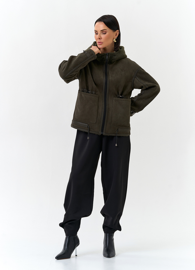 Женская дубленка из эко замши с капюшоном модель № 32585 универмаг малина