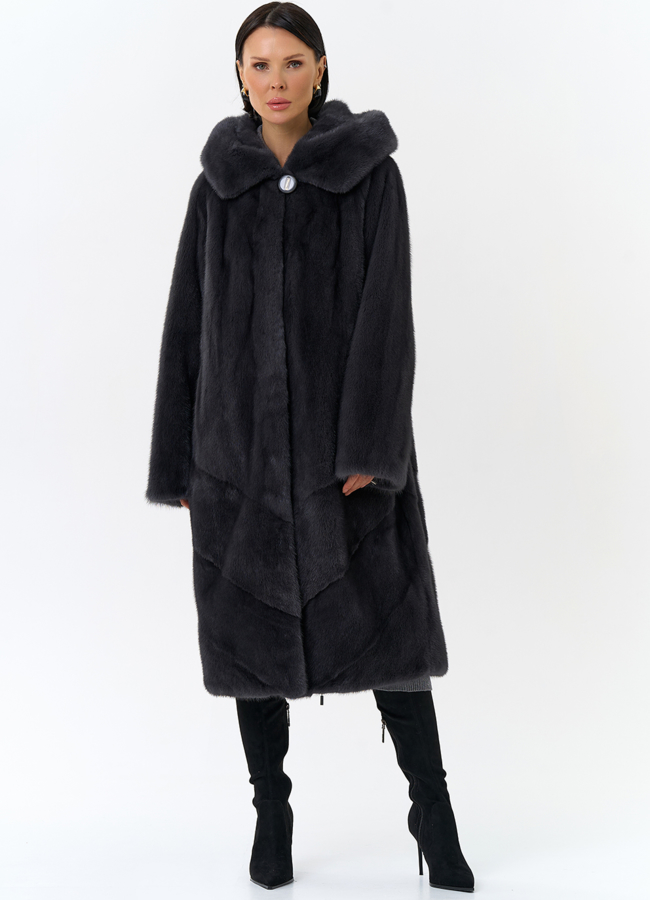 Женская шуба из норки силуэта баллон с капюшоном модель № 24750 меха малина