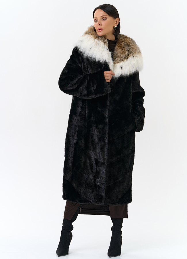 Норковая шуба черного цвета с рысью модель № 25004 универмаг малина