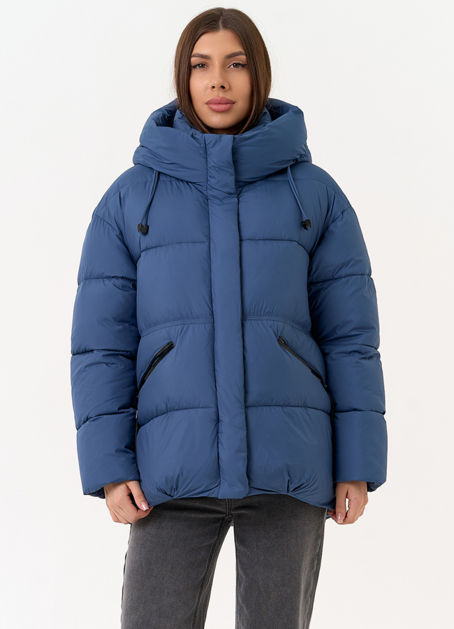 Женский пуховик синего цвета с капюшоном модель № 31534 универмаг малина