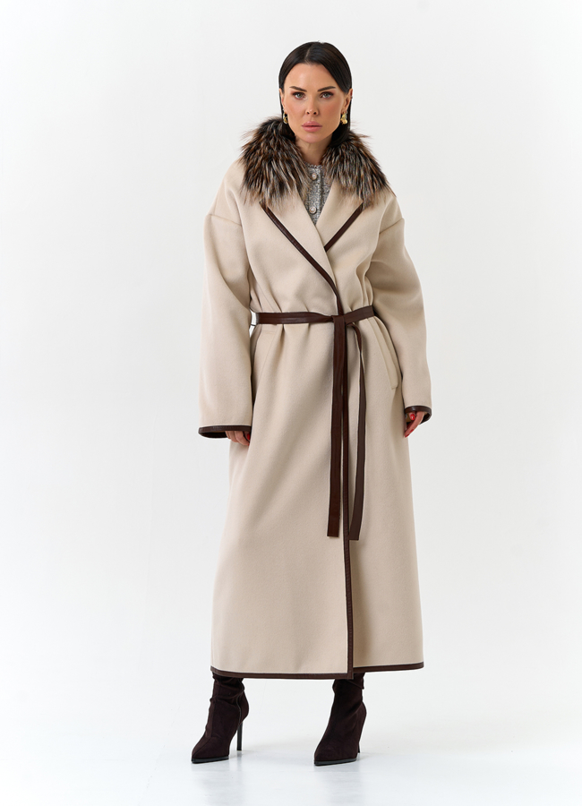 Женское длинное пальто с отделкой из меха лисы модель № 32650 универмаг малина