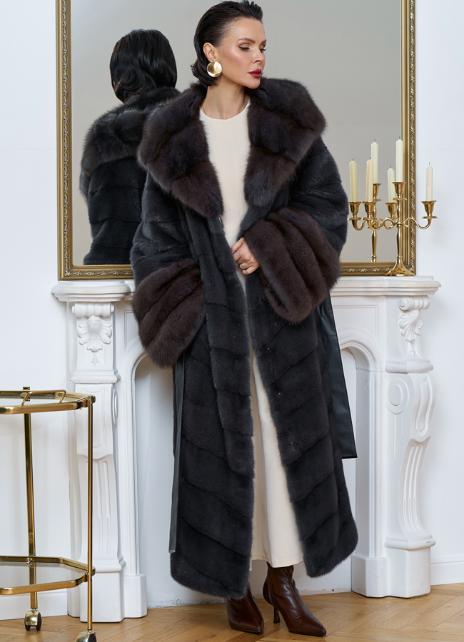 Длинная шуба из меха норки с отделкой из меха куницы модель № 31712 универмаг малина