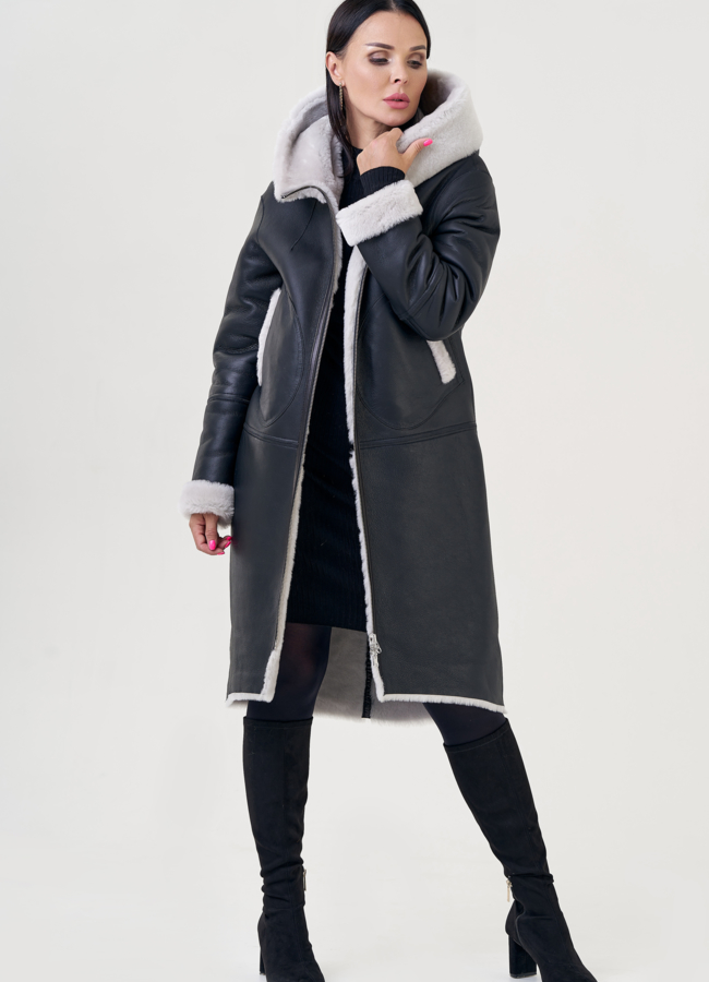 Двухсторонняя женская дубленка с капюшоном модель № 23192 универмаг малина