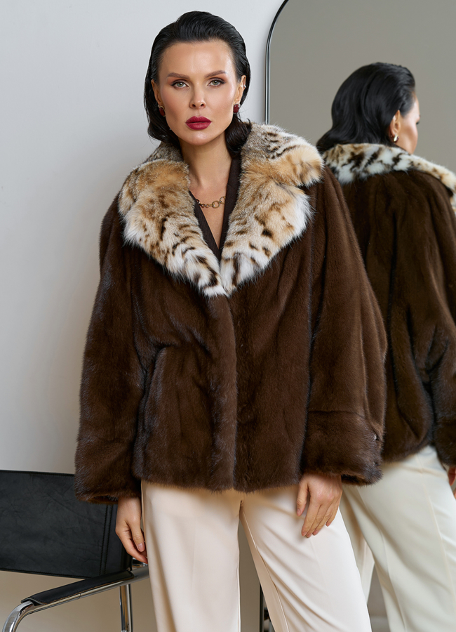 фото Куртка из меха норки с английским воротником из меха рыси модель № 31756