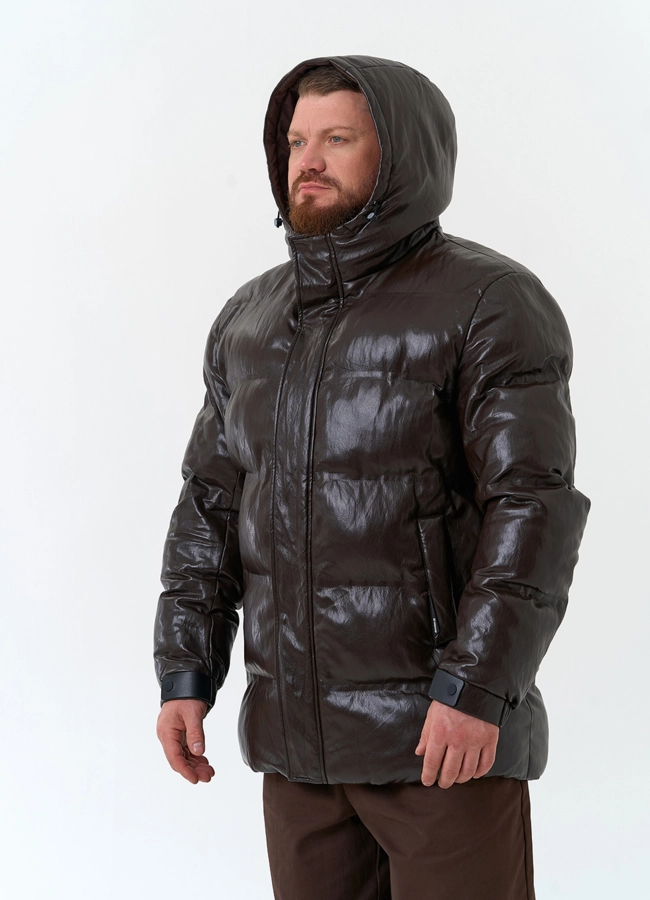 Мужской пуховик из эко кожи с капюшоном модель № 34086 универмаг малина фото
