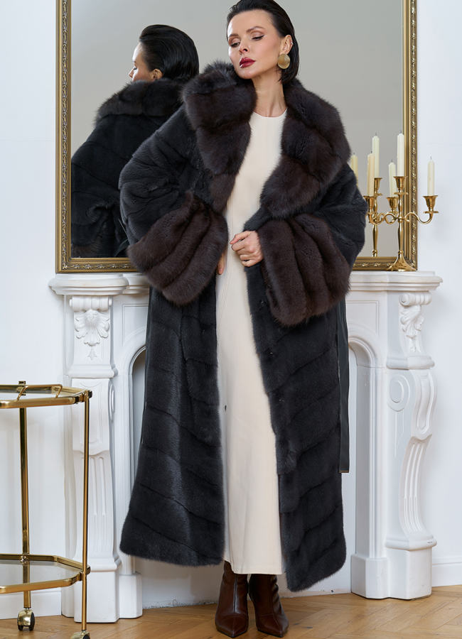 Длинная шуба из меха норки с отделкой из меха куницы модель № 31712 универмаг малина