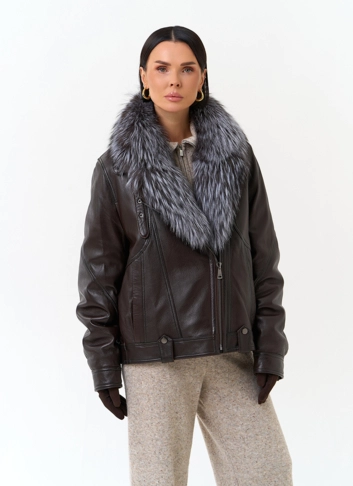 Женский пуховик из натуральной кожи с чернобуркой фото