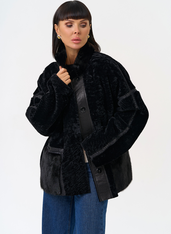 Женская двухсторонняя дубленка с воротником стойкой