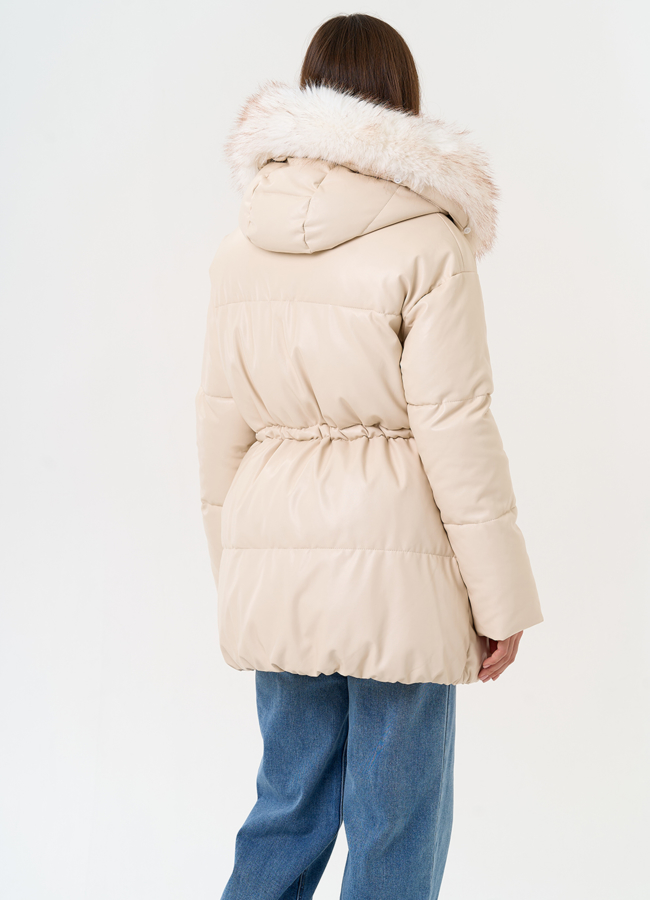 Женский пуховик из эко кожи с отделкой из эко меха модель № 30733 в кредит