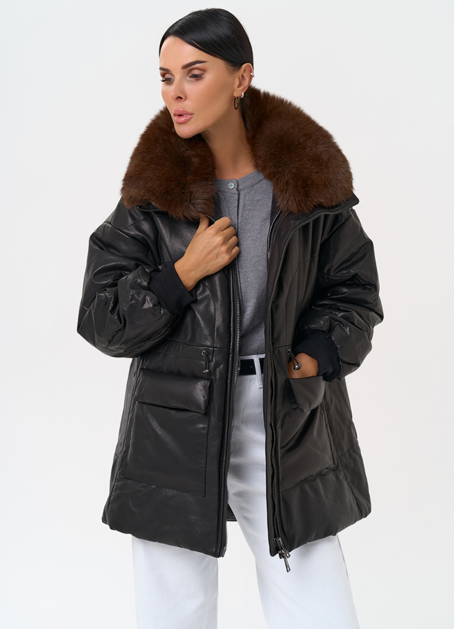 Полупальто из натуральной кожи с мехом песца модель № 21796 универмаг малина