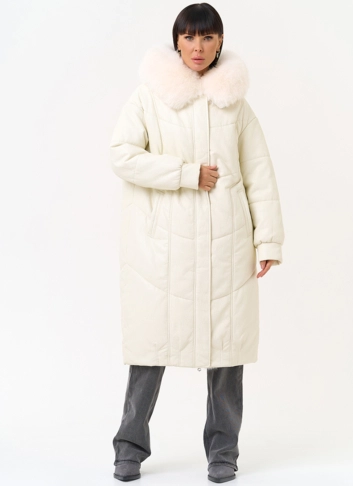 Женский пуховик из эко кожи со съемным эко мехом