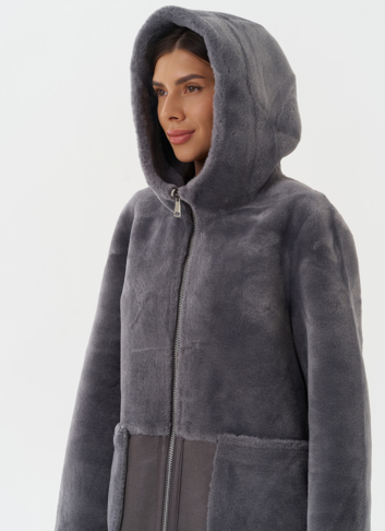 Двухсторонняя эко дубленка с капюшоном