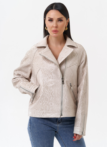 Светлая куртка из натуральной кожи с принтом змея