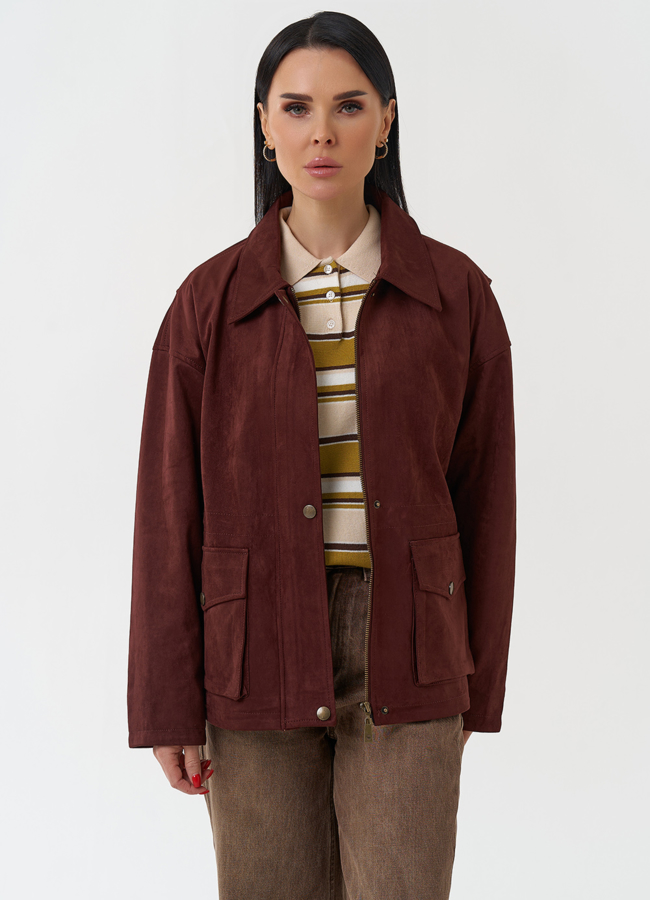 Женская парка из эко замши бордового цвета модель № 30443 меха малина