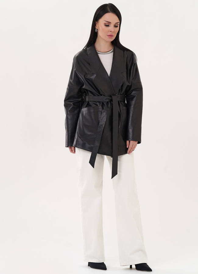 Кожаная куртка-пиджак с поясом модель № 26952 универмаг малина