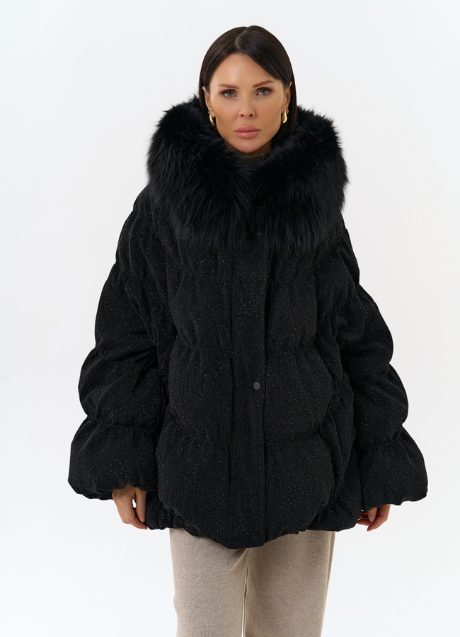 Женский блестящий пуховик с отделкой из меха чернобурки модель № 31816 универмаг малина