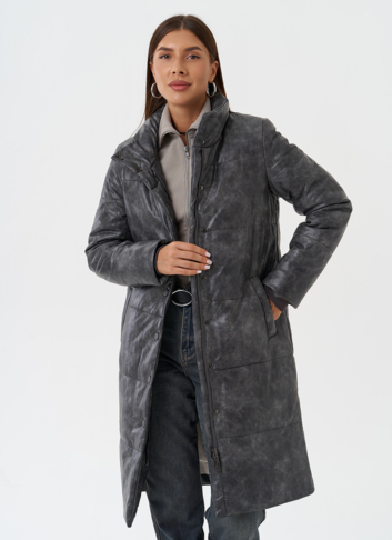 Пуховик из эко кожи с поясом