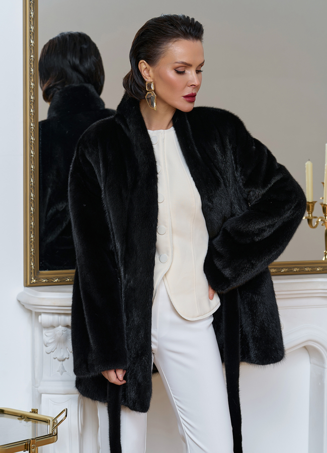 фото Шуба из меха норки с поясом модель № 31646