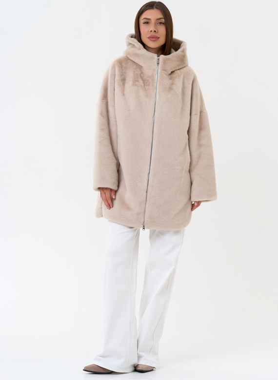 Женская шуба из экомеха с капюшоном