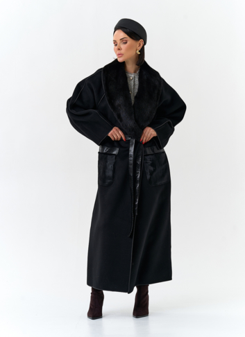 Женское длинное пальто с воротником из меха норки