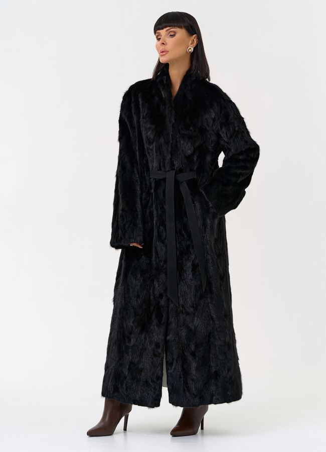 Длинная шуба из меха норки с поясом модель № 31294 универмаг малина