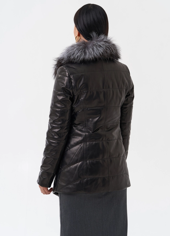 Кожаный пуховик с мехом из чернобурки модель № 29406 в кредит