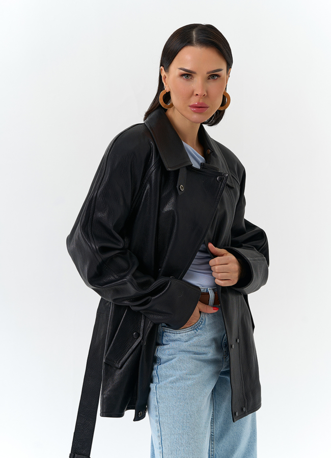 Женская куртка из натуральной кожи  с поясом модель № 32872 универмаг малина