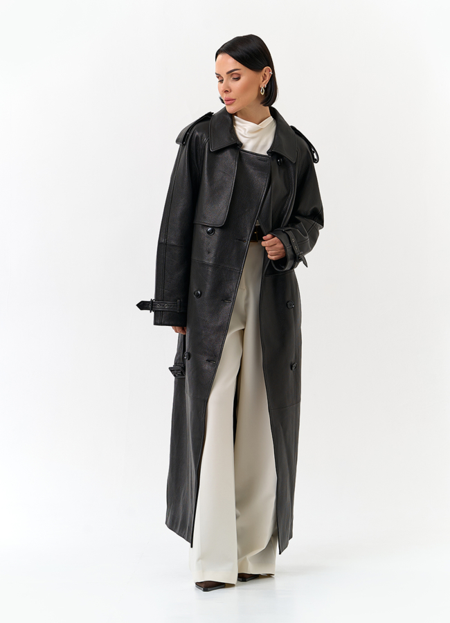 фото Женский длинный плащ из натуральной кожи модель № 32903