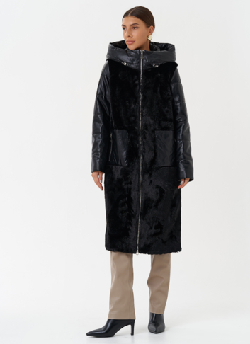 Пуховик из эко кожи с капюшоном